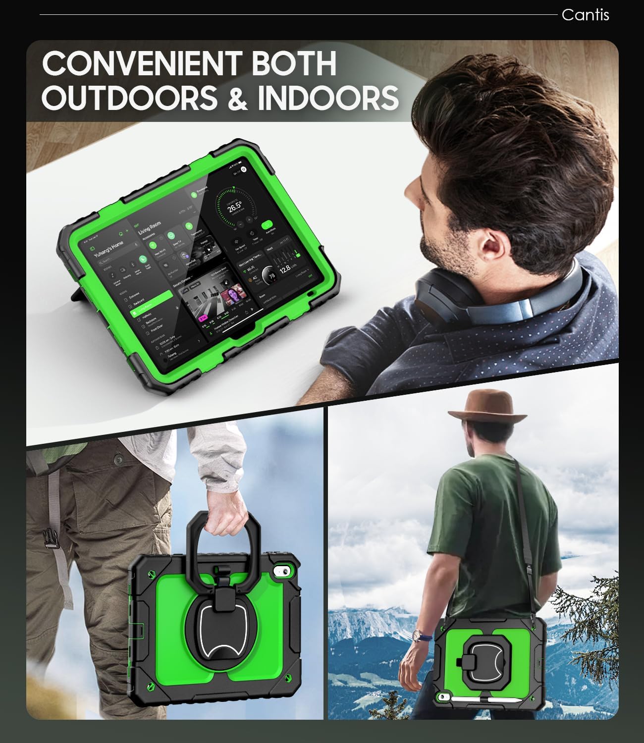 Cantis Case for iPad (A16) 11th/ 10th Generation 11/10.9 Inch 2025/2022, Shockproof Case for iPad 11 with Screen Protector/Rotating Stand/Adjustable Shoulder Strap/Pen Holder, Black+Green
