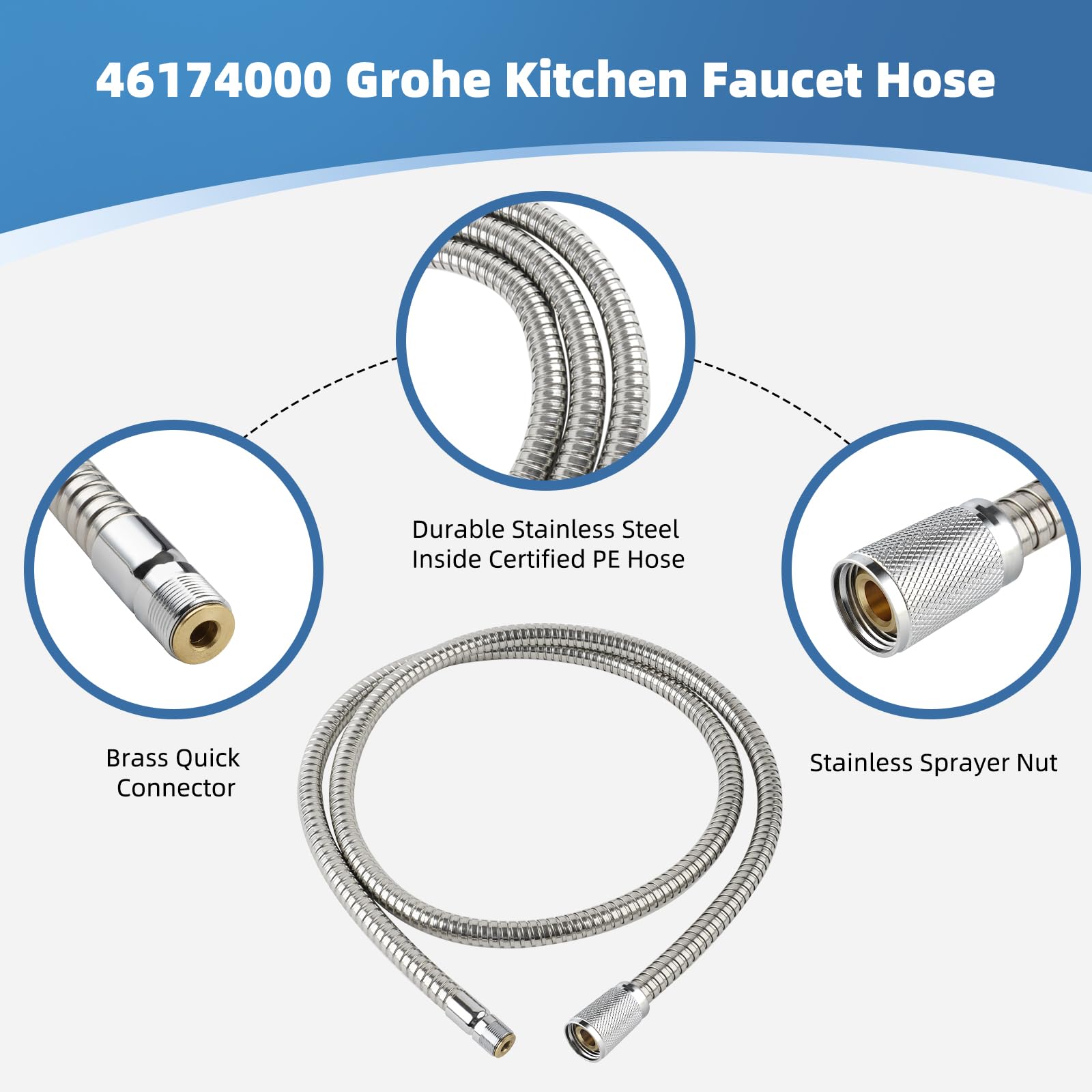 46092000 Tuyau de pulvérisation extractible pour robinets de cuisine Grohe - 140 cm - Tuyau de rechange pour robinet de cuisine Alira et Ladylux et Euro Plus - Finition chromée