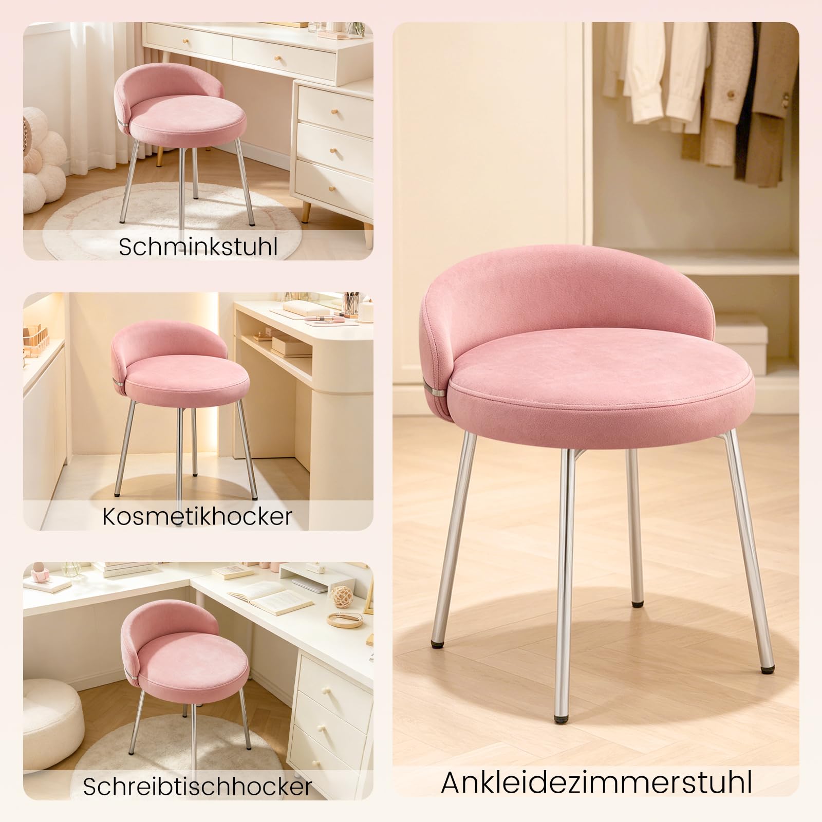 Hellove Cute Schminktisch Hocker, Kleiner Samt Schminkstuhl Armloser mit gewölbter Sitzfläche & Silber Metallbeinen, Sitzhocker Fußhocker Makeup-Hocker Stool für Schlafzimmer Wohnzimmer, Rosa