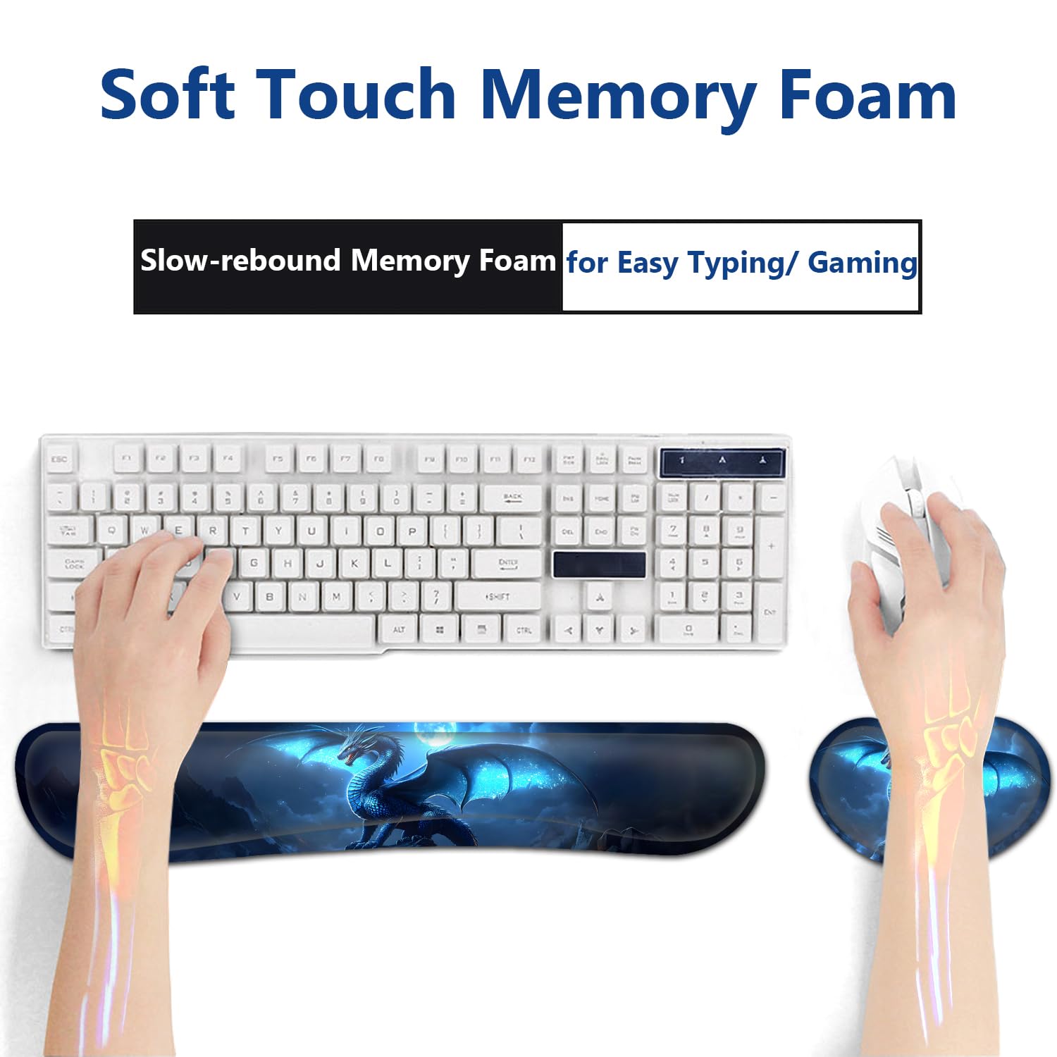 Großes Mauspad + Tastatur-Handgelenkauflage-Set, erweitertes Gaming-Mauspad (80 x 29 cm) mit rutschfestem Gummi, ergonomische Handgelenkauflage aus Memory-Schaum, blaue fliegende Drache