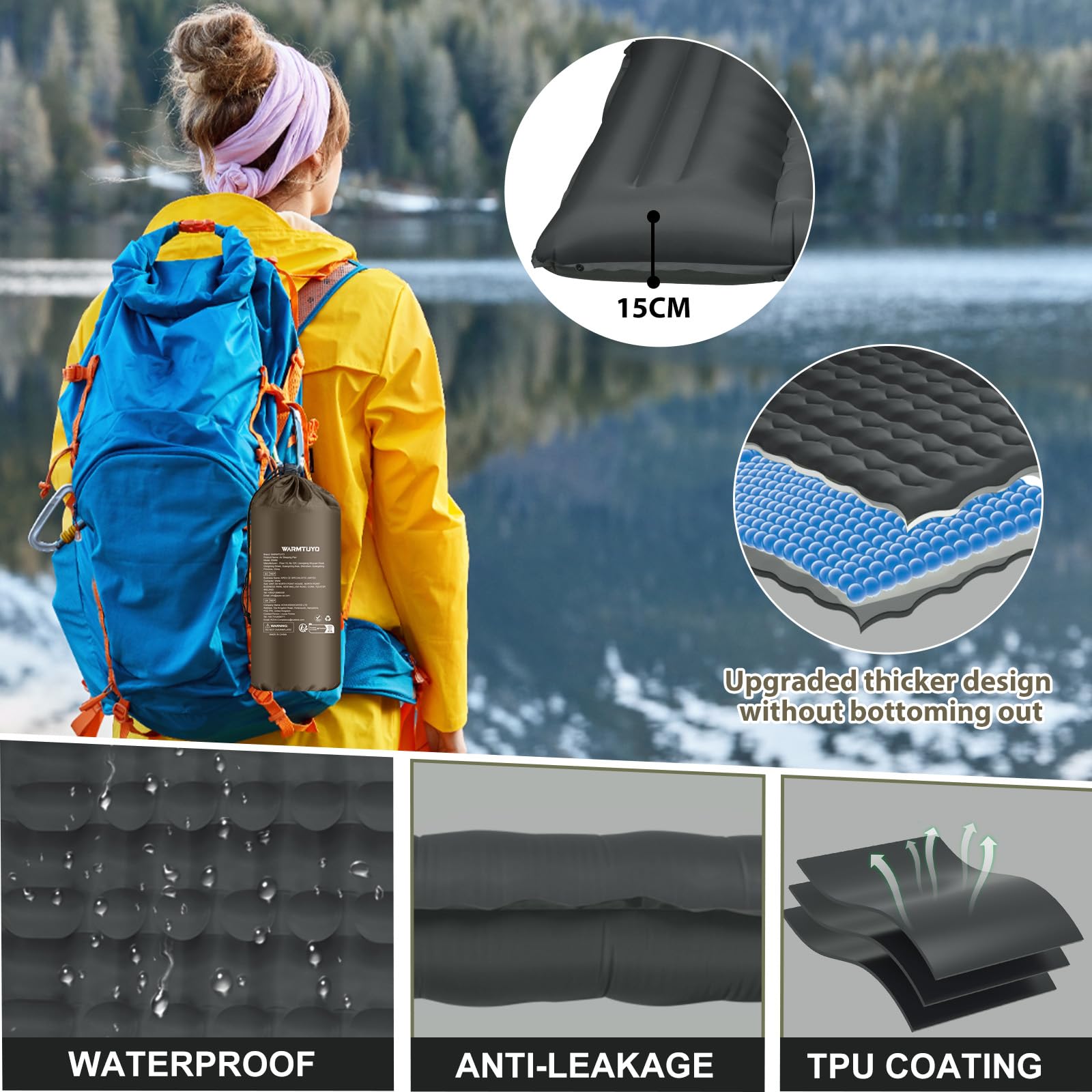 WARMTUYO Matelas isolant de camping - 12 cm - Gonflable - Petit encombrement - Étanche - Avec pompe à pied et coussin - Tapis de couchage antidérapant pour la randonnée et la plage