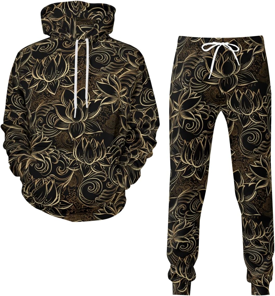 和風 和柄 花柄 蓮 金色 ブラック スウェット パーカー 上下セット ジャージ メンズ レデイース トレーニングウェア スポーツウ