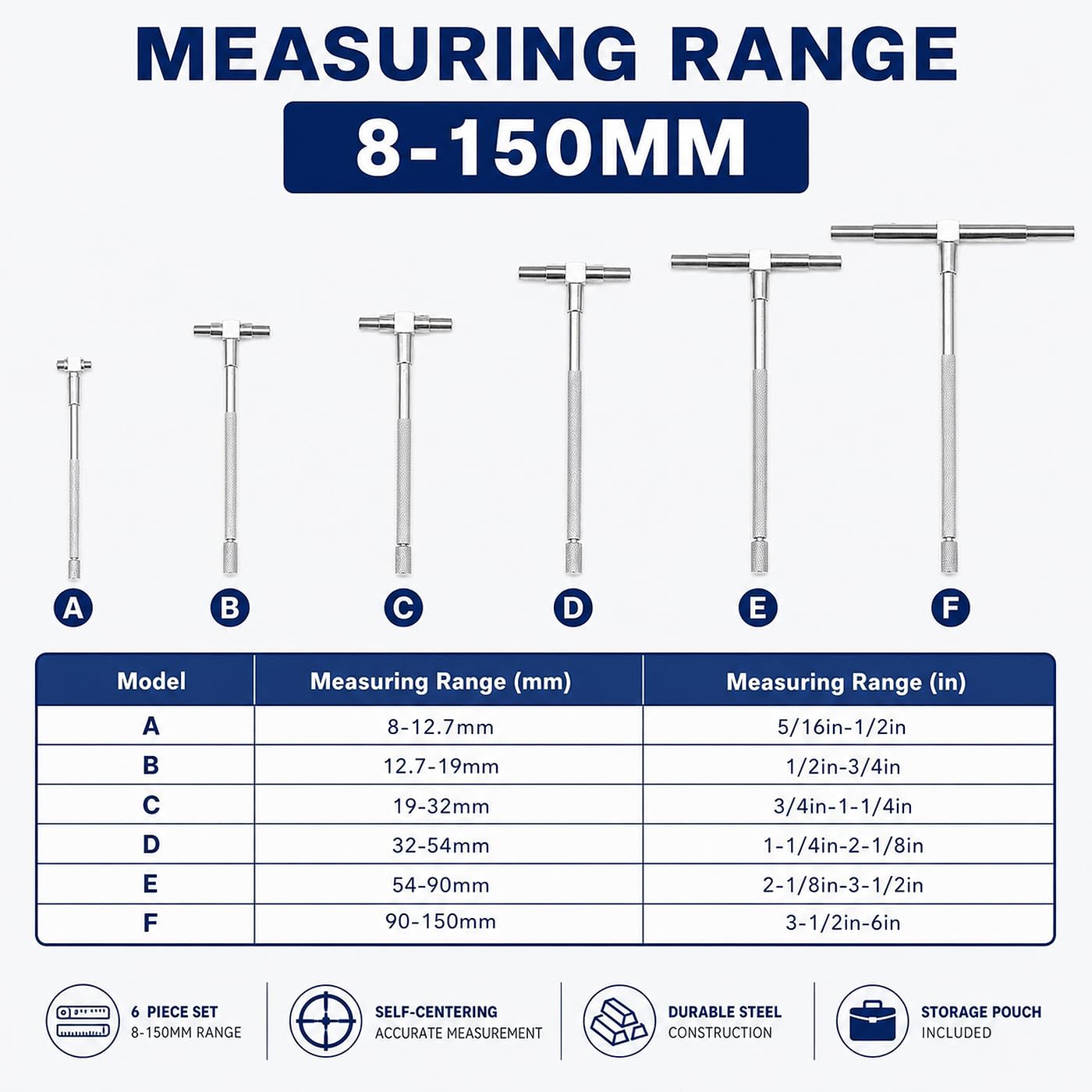 6Pcs 8-150mm Jauge Télescopique, Jauge de Trou de Diamètre Intérieur Réglable Nickelé T-Alésage Tête Carrée Id Outils de Mesure Micrométriques, pour Le Travail Du Bois, Le Travail Des Métaux