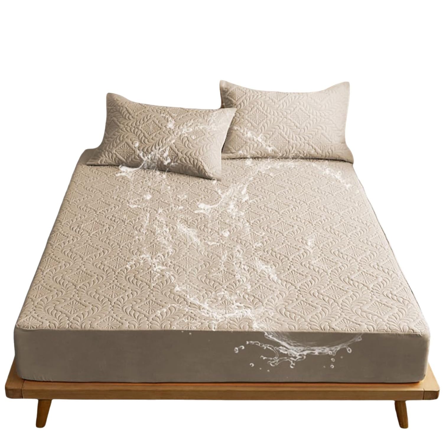 Coprimaterasso Morbido, Impermeabile, per Letto Matrimoniale, con Angoli Profondi da 30 cm, Traspirante e Silenzioso (Kaki, 198 * 203 cm)