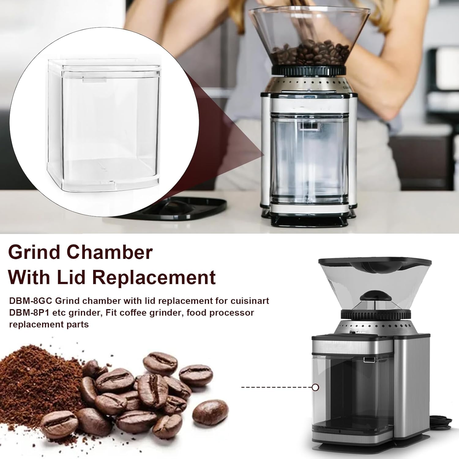 DBM-8GC Grind Chamber With Lid Replacement for Cuisinart DBM-8P1 etc Grinder, Fit Coffee Grinder, Food Processor Replacement Parts, Clear Round Flip Top Design - Dishwasher Safe