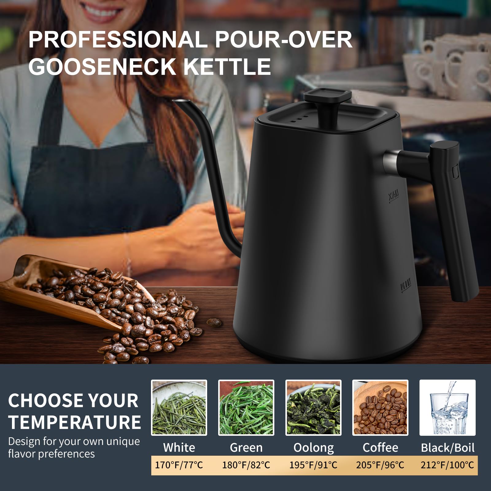 Wasserkocher mit Temperatureinstellung,Edelstahl Schwanenhals Wasserkocher,24h Warmhaltefunktion,Teekocher Elektrisch mit Temperaturanzeige,Coffee Kettle,1L,1200W,Schwarz