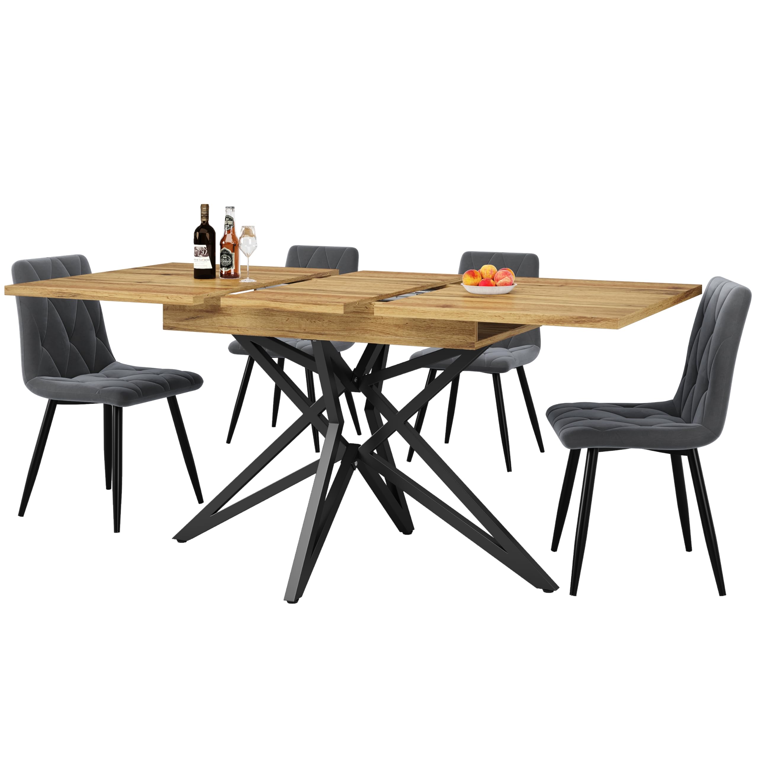 Generisch Tavolo da pranzo allungabile, 120 (160) x 80 x 66,1 cm, tavolo da cucina per la colazione, con piano in legno di noce/marmo, gambe in metallo nero a forma di stella, portata fino a 60 kg
