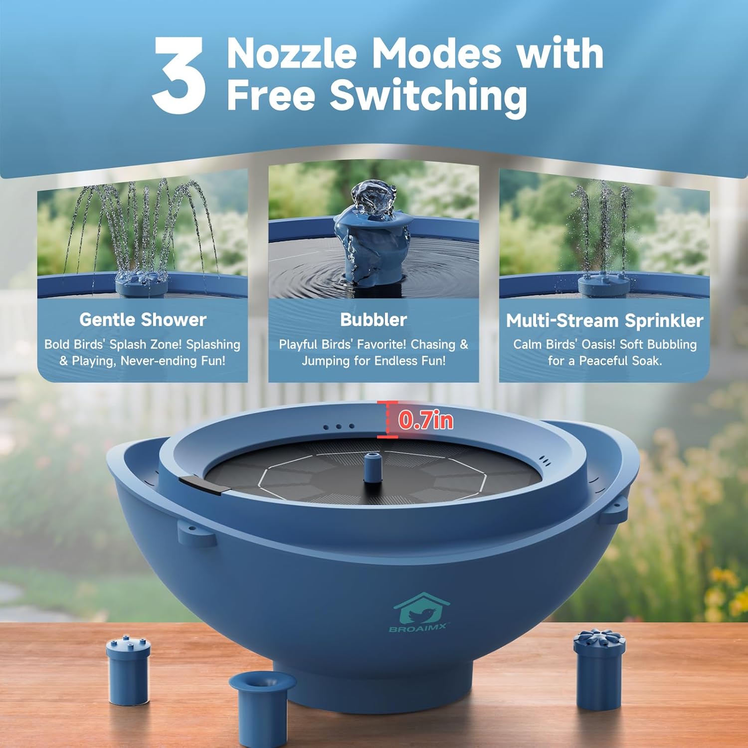 Solar Powered Bird Bath Fountain with Built-in Lithium Battery, 3 Nozzles for Garden, Automatic Low-Water Protection, Gift for Bird Lovers (Deep Blue)