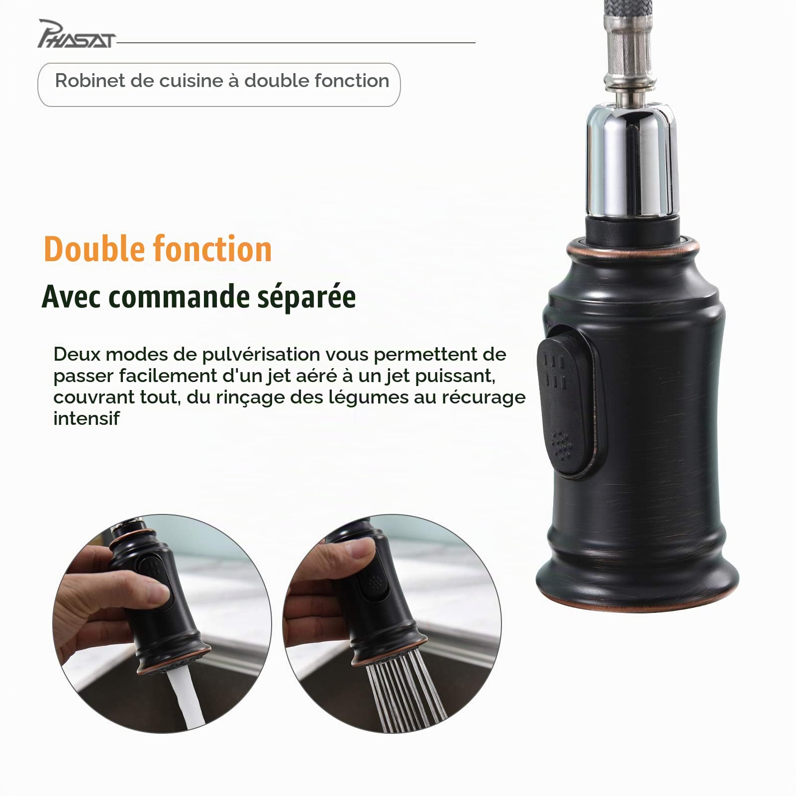 PHASAT Robinet Mitigeur de cuisine extensible avec douchette extensible à 360° 2 fonctions Robinet de cuisine ORB KZ06