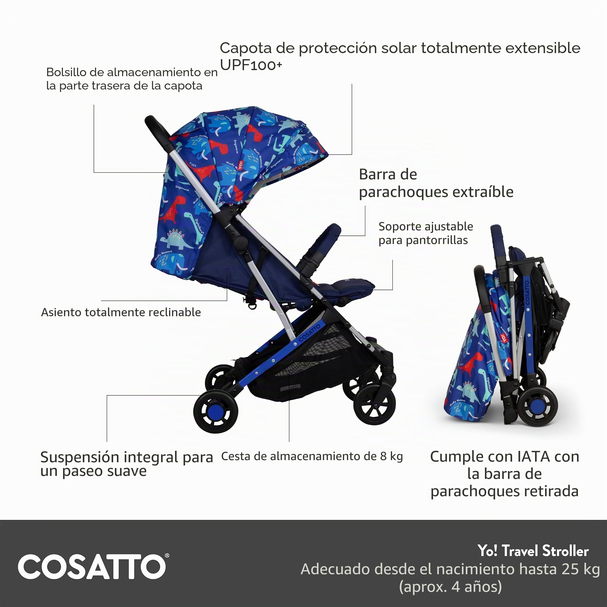 COSATTO Yo! Cochecito de viaje - Cochecito de bebé, desde el nacimiento hasta 25 kg. Compatible con aerolíneas, plegado fácil con una mano, cesta de la compra de 8 kg (Whisper))