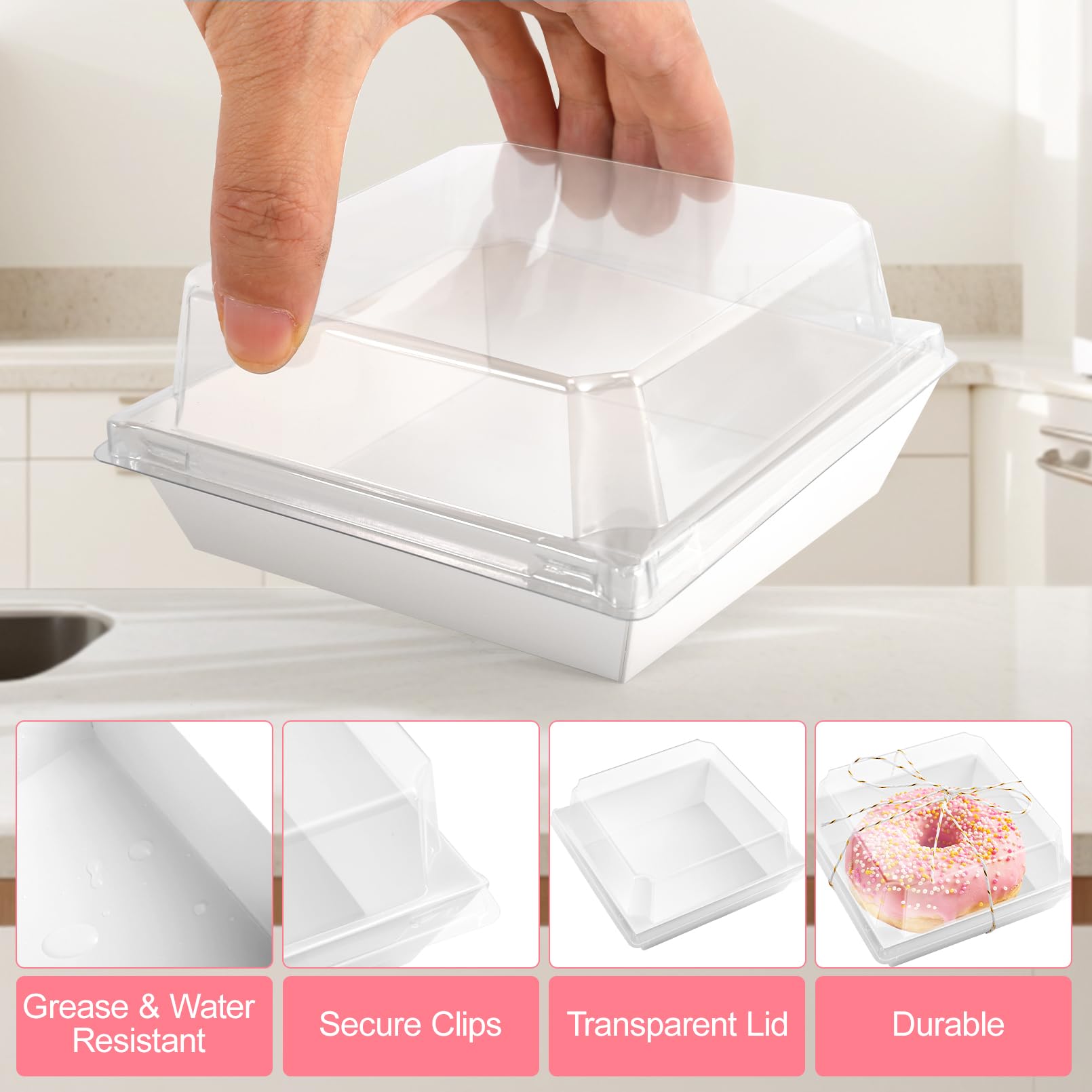 100 Stück Papier Charcuterie Boxen,10x10cm Kuchenschachteln mit Transparentem Deckel, Quadratische To-Go-Lebensmittelbehälter, Wiederverwendbar Dessertboxen für Sandwich Desserts Partys (Weiß)