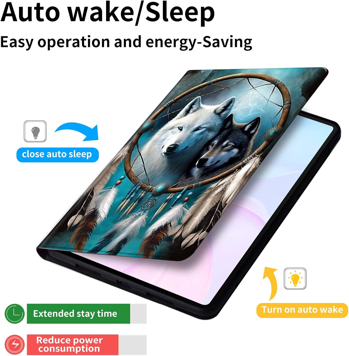Case for Amazon Kindle Fire HD 8 Tablet (8th/7th/6th Generation,2018/2017/2016 Release),Multi-Angle Viewing 360 Degree Rotating Stand Smart Fold Cover with Auto Wake/Sleep,Wind Chime Wolves