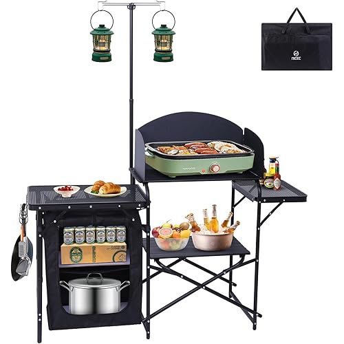 Nice C Camping Kitchen Station, Folding Table & Organizers, Upgrade Light Stand and Windshield Cooking Station, Carry Bag for Beach, Picnic (Black)