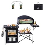 Nice C Camping Kitchen Station, Folding Table & Organizers, Upgrade Light Stand and Windshield Cooking Station, Carry Bag for Beach, Picnic (Black)