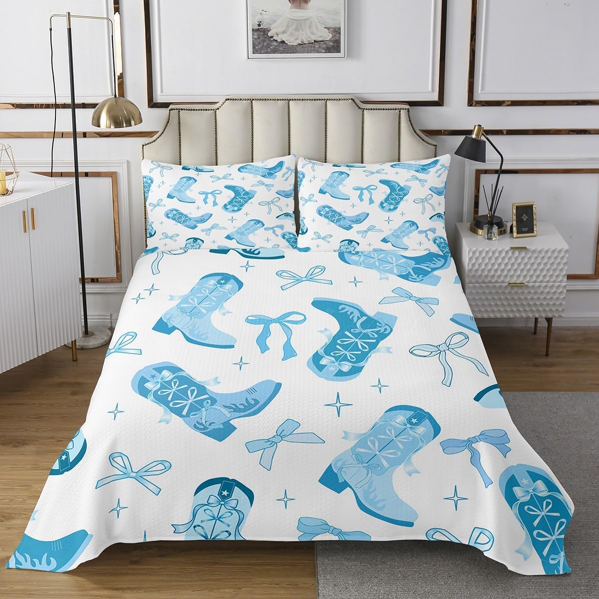jejeloiu Western Cowgirl Bedspread Blue Bowknot Bedspread for Kids Boys Girls Cute Bow Coverlet Set Southwest Quilted Bedroom Collection 3Pcs Queen Size
