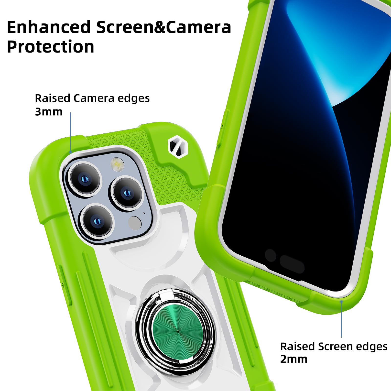 Compatibile con iPhone 15 Pro Max 6,7" - Custodia resistente agli urti di grado militare con anello di supporto, protezione per lo schermo in vetro e protezione per lenti della fotocamera
