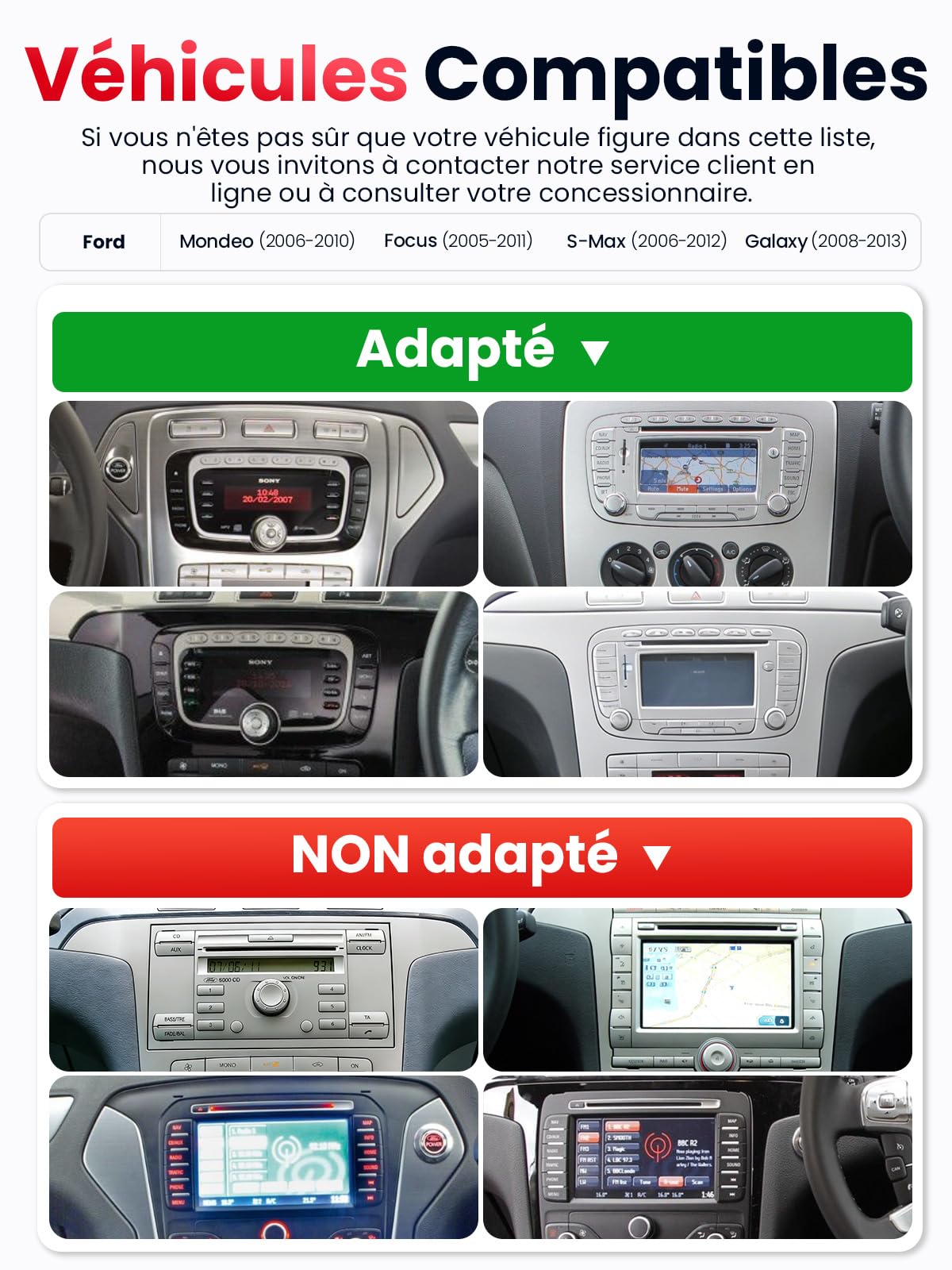 Autoradio Double DIN avec Écran pour Ford Mondeo Focus S-Max Galaxy, CarPlay & Android Auto sans Fil, Écran Tactile Auto 7", 4 Go+64 Go, Bluetooth WiFi 5 GHz Dab+ FM AUX GPS