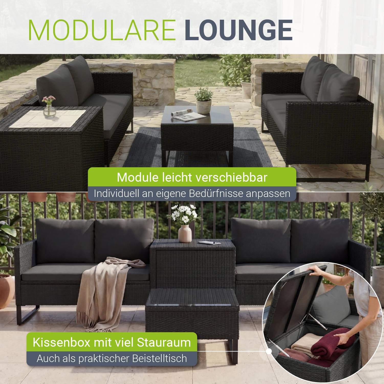 Juskys Polyrattan Lounge für 4 Personen – Outdoor Gartenmöbel Set Santorini mit Beistelltisch & Auflagenbox, wetterfeste Lounge Möbel als Balkonmöbel Sitzecke – Schwarz