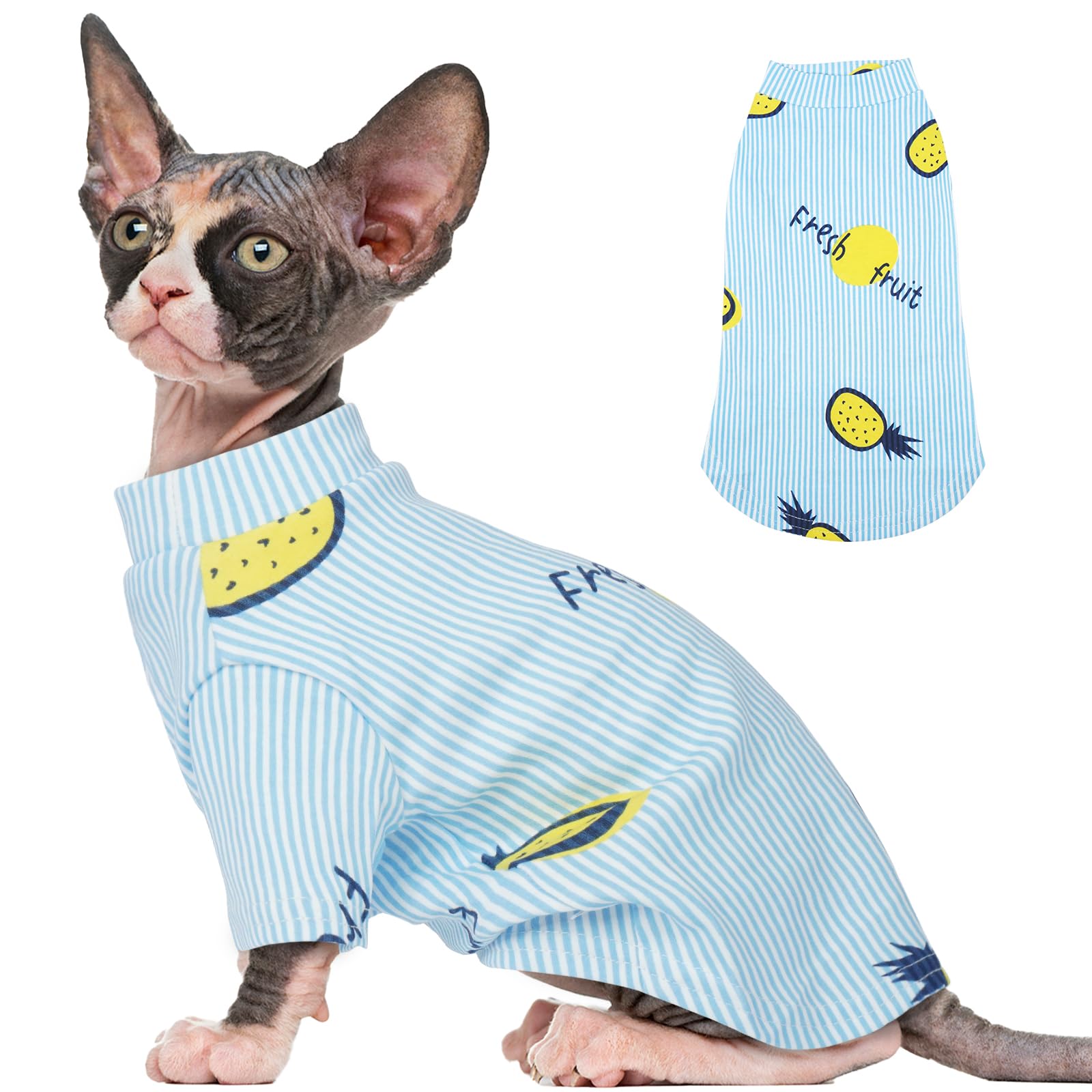 T'CHAQUE Sphynx Cat Clothes, Stretchy Hairless Kitten Shirt, Soft Pullover Sweater with Pineapple Print, Cute Pajamas for Cornish Rex & Devon Rex, Blue Stripes Breathable Outfit, 2XL