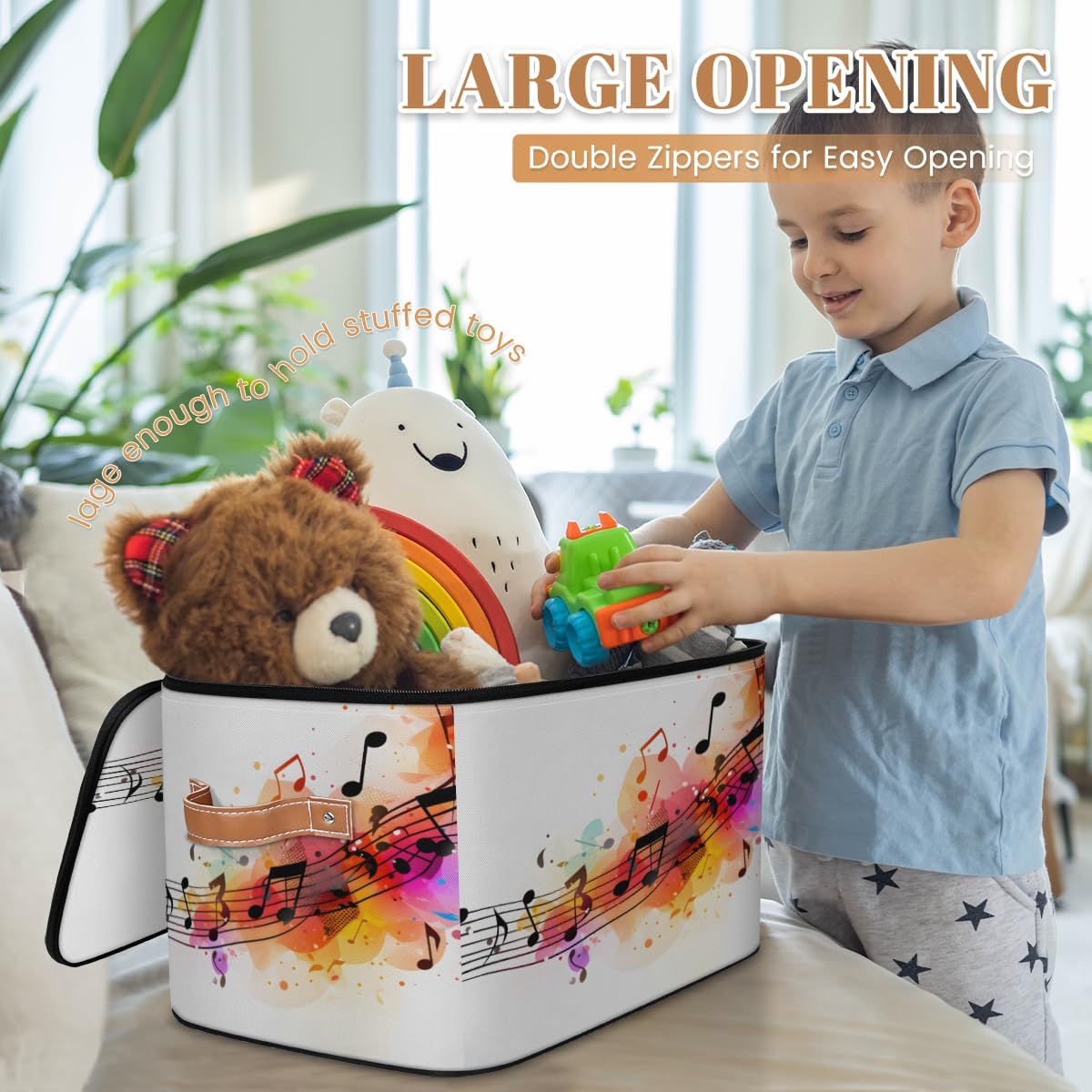 Storage Bin Set of 2 Colorful Music Notes Storage Basket with Zipper Lid & Handle Foldable Closet Shelf 2 Pack Cloth Organizer Basket Cube Bins Clothes Organizer for Bedroom, Nursery