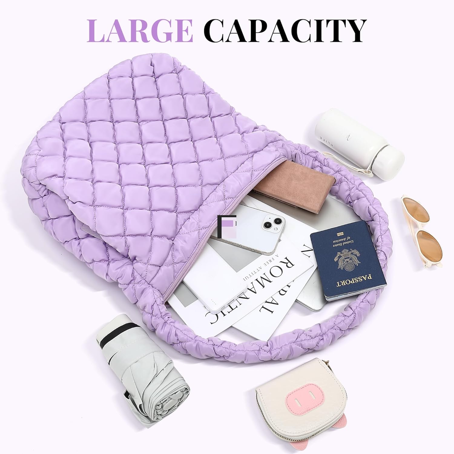 Puffer Tote Bag for Women, Large Quilted Laptop Tote with Zipper, Waterproof Lightweight Bag for Work & Travel