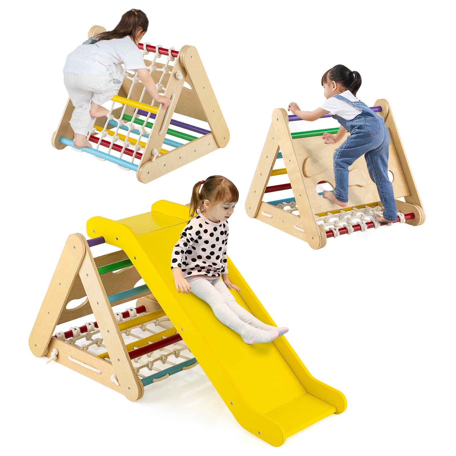 GLACER 4-in-1 Climbing Triangle w/Ramp, Climbing Toy Set with Rope Wall, Climbing Rock & Climbing Ladder, Fun Slide, Indoor & Outdoor Fun Triangle Climber for Kids Room, Play Room, Daycare (Rainbow)