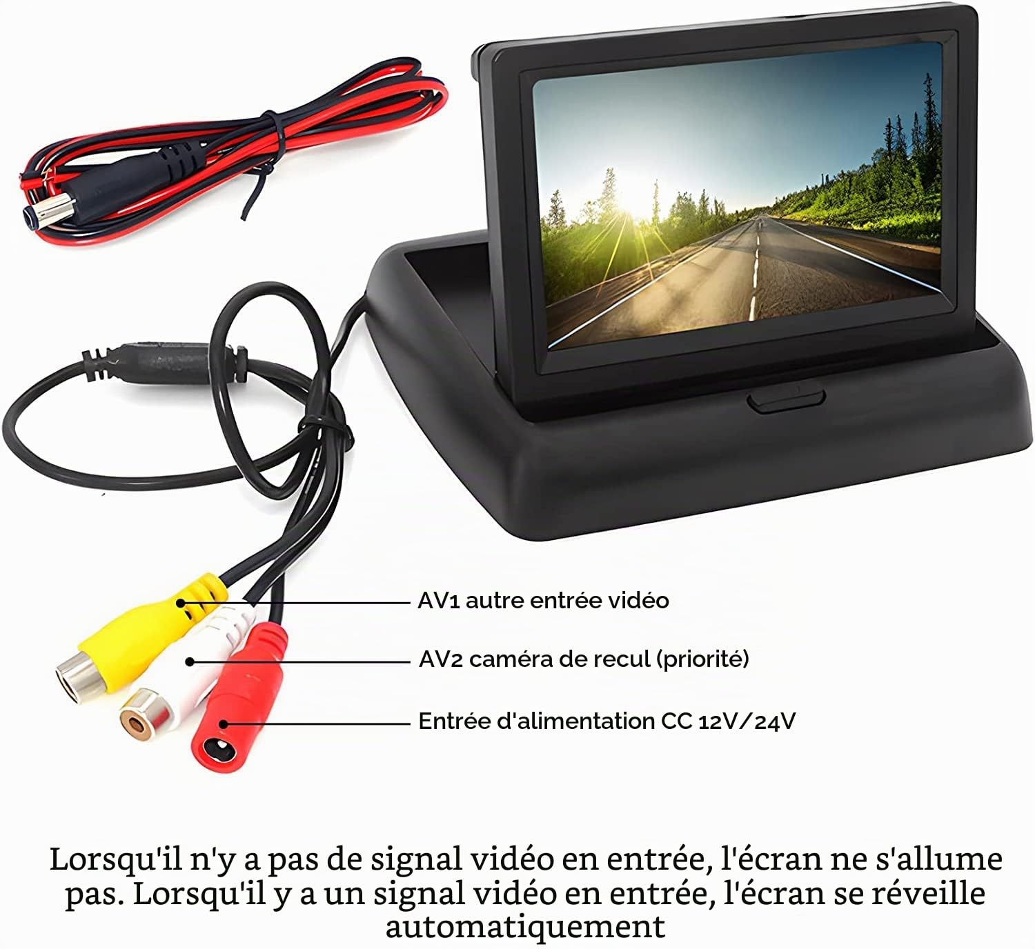 OBEST Écran de Caméra de Recul TFT LCD 4,3 Pouces, Écran Arrière de Base Rabattable à 2 Entrées Vidéo Système, Alimentation Directement Connectée au Commutateur, Entrée AV1 / AV2 12V