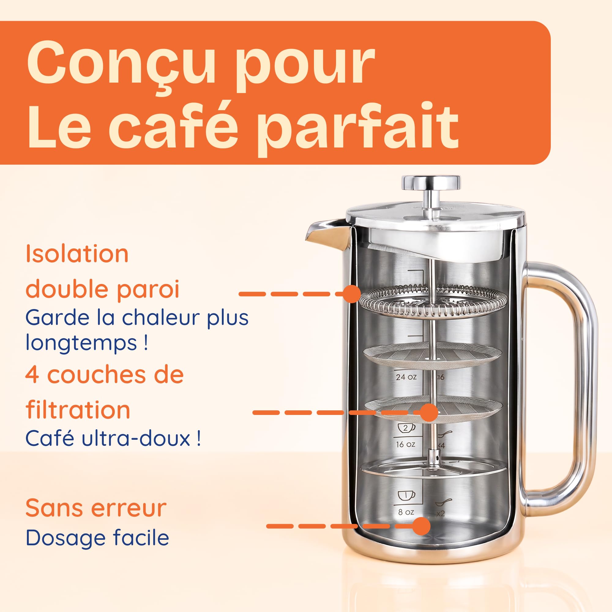 Ziruma Non Toxique Cafetière à Piston, Sans Plastique, Double Paroi, 1L