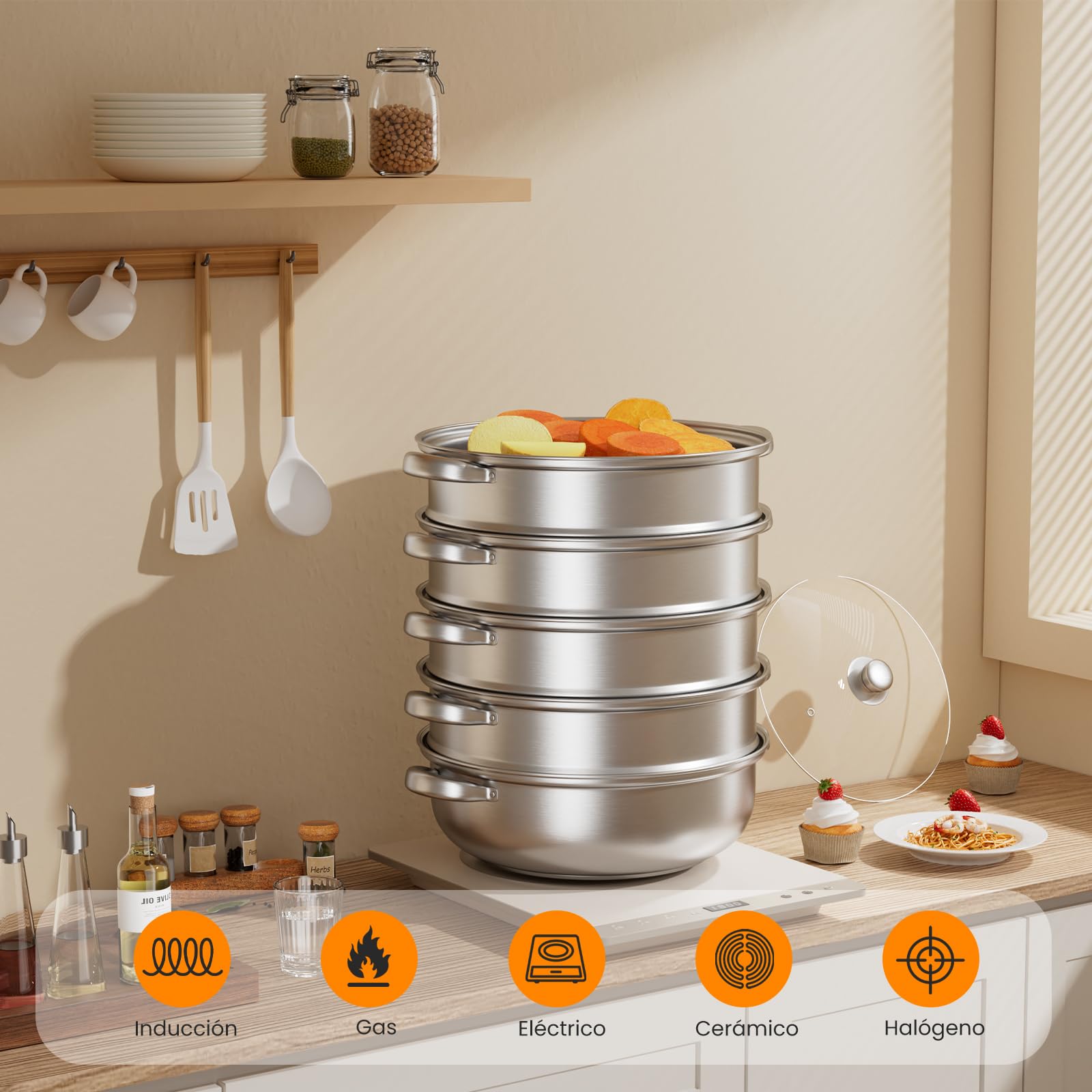 Vaporera de acero inoxidable de 28 cm con cesta vaporera, batería de cocina de 3/4/5 niveles con tapa para cocinar verduras, mariscos, sopas, guisos y pastas (4)