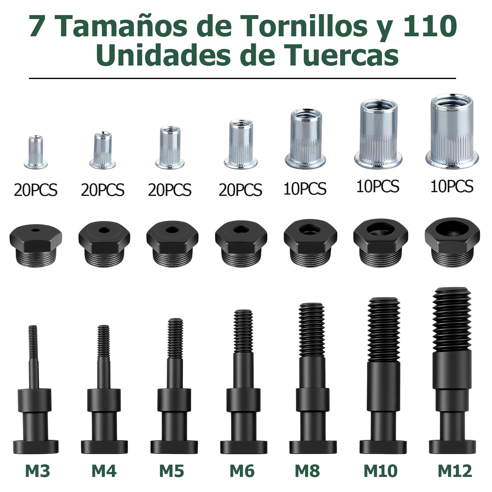 JiGiU 13'' Remachadora de Tuercas con 110 Tuercas M3 M4 M5 M6 M8 M10 M12 Juego de Alicates para Remachar 7 Mandriles Intercambiables para Automoción, Componentes Metálicos, Construcción