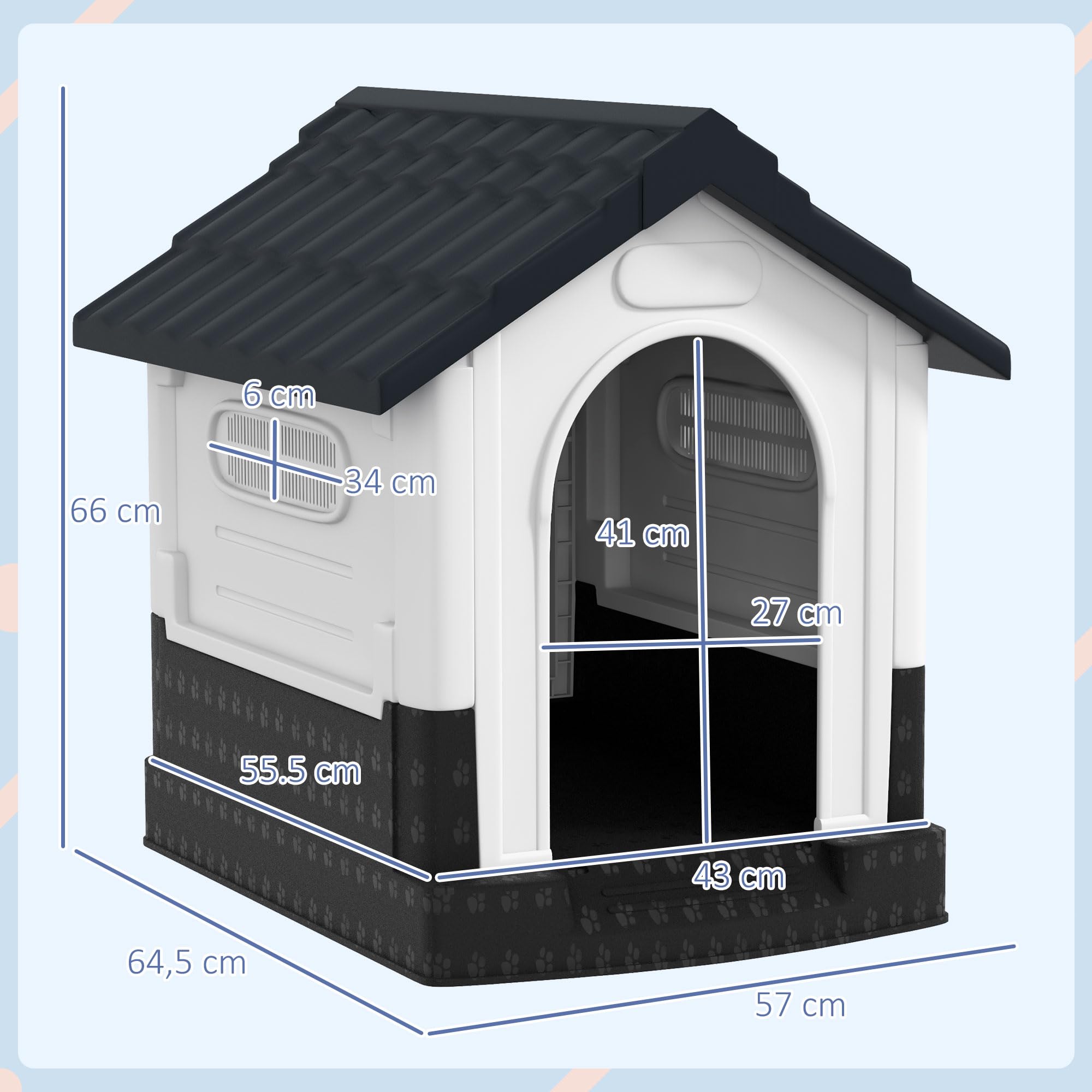 PawHut Caseta para Perros Mini para Exterior, Casa para Perros de Plástico con 3 Ventanas, Base Elevada, Techo de Tejas de Imitación, 64,5x57x66 cm, Gris Oscuro