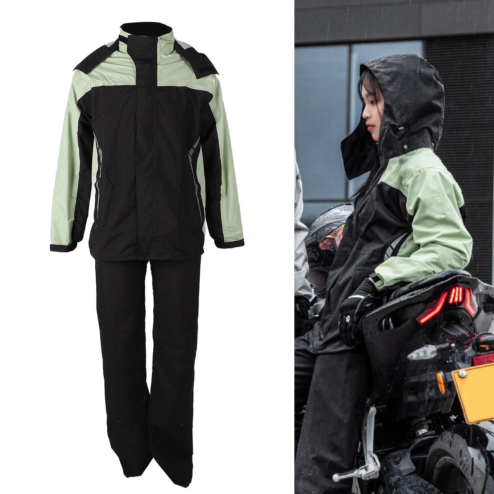 Generic Wodoodporny, Oddychający Kombinezon Przeciwdeszczowy Motocyklowy do Jazdy na świeżym Powietrzu Camping Pieszy, Wysokiej Jakości Czarny + Zielony Motocyklowy Płaszcz Przeciwdeszczowy ze