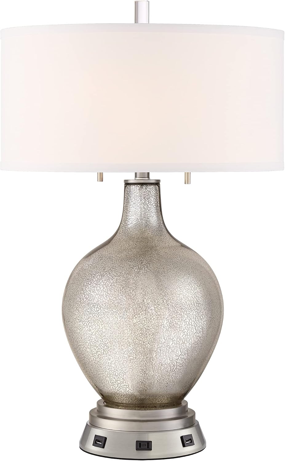 Possini Euro Design Louie Modern Table Lamp with USB and AC Power Outlet Workstation Charging Base 28.5" Tall Mercury Glass White Drum Shade for Living Room Bedroom House Bedside Nightstand Home