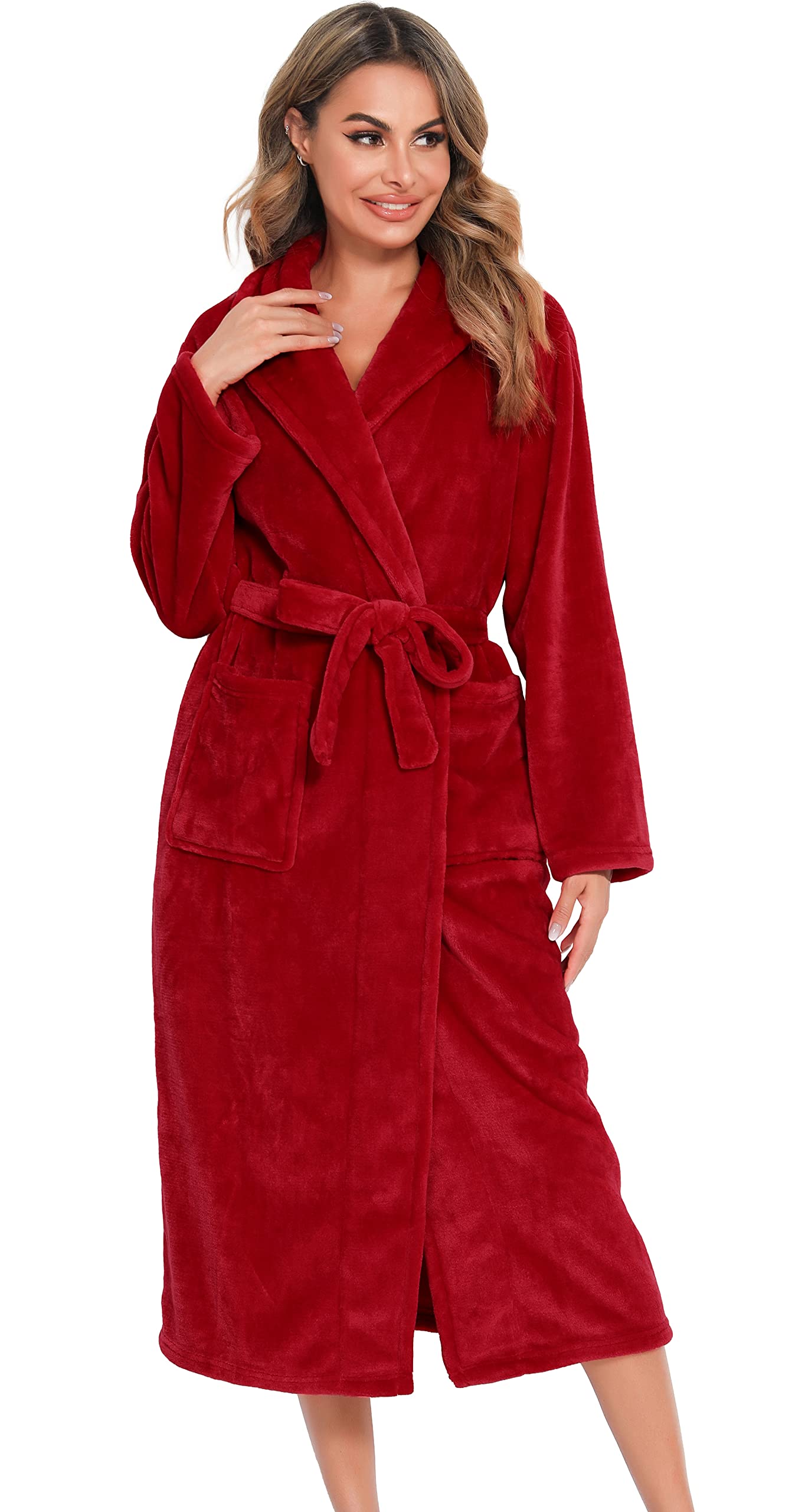 Vlazom Bata Mujer Invierno Polar Bata de Casa Señora Larga Albornoz Mujer Invierno con Cinturón(Rojo,L)
