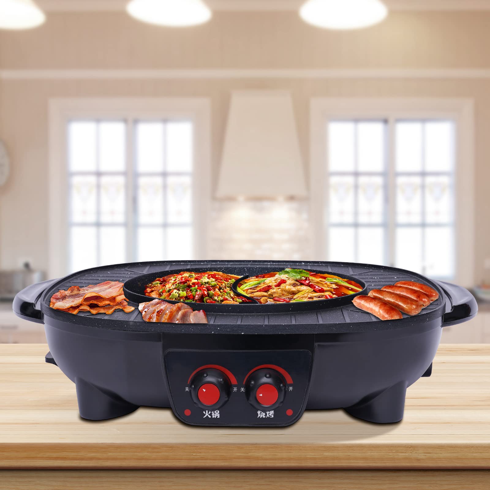 Food Party Electric Hot Pot and Grill Pentola elettrica Hotpot 220 V 2200 W Grill elettrico 2 in 1, con piastra di cottura rimovibile per interni coreani BBQ Thai Barbecue Fonduta Raclette Hot Pot e