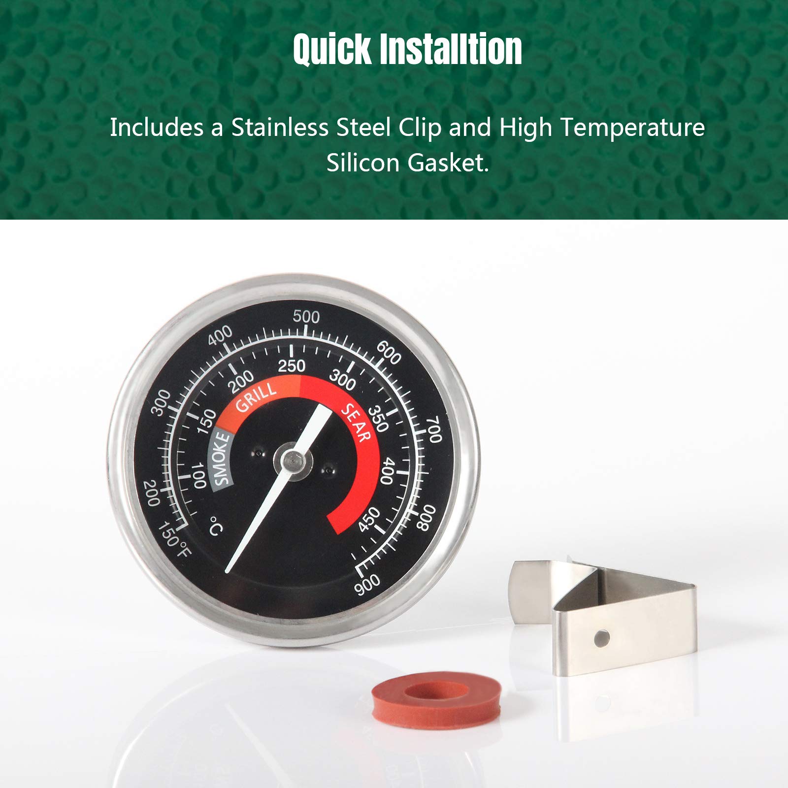 Thermomètre de rechange pour barbecue à œufs verts (toutes les tailles BGE), 65,6 à 482,2 °C, 8,4 cm, grand visage en acier inoxydable, thermomètre de cuisson pour accessoires Kamado étanche