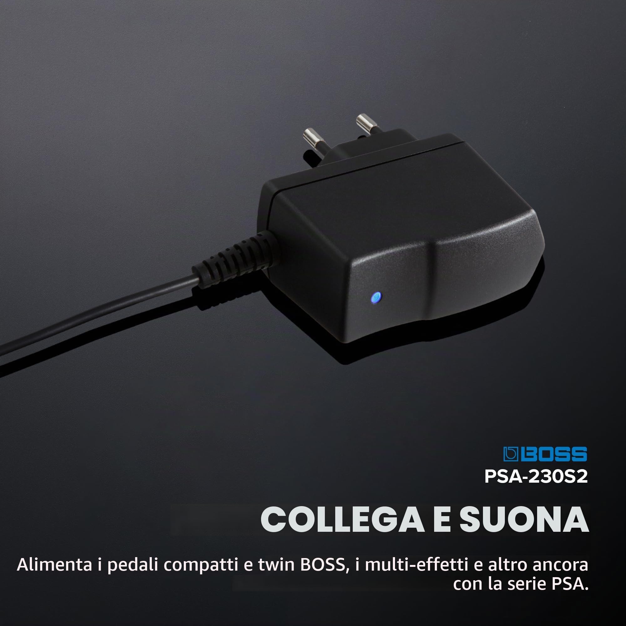 Trasformatore BOSS PSA-230S2 | Alimentatore per Pedali BOSS Compatti e Doppi, Multi-Effetti e Altro Ancora | Cavo Lungo | Indicatore a LED per una Rapida Conferma Visiva dello Stato Acceso/Spento