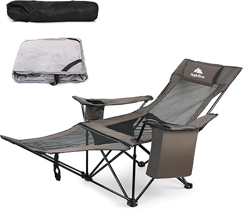 Huskfirm Silla de camping reclinable con cojín de algodón, bolsa refrigeradora, reposapiés extraíble, sillas de campamento plegables portátiles