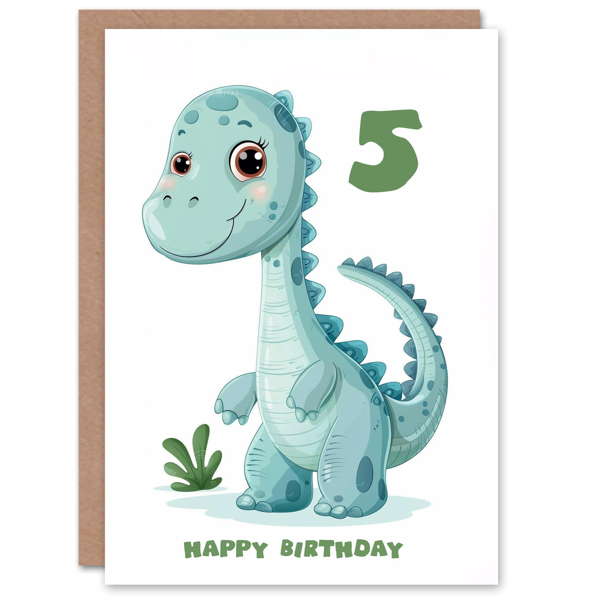 Artery8 - Birthday Card - Age 5 - Dinosaur Cartoon - Baby Blue