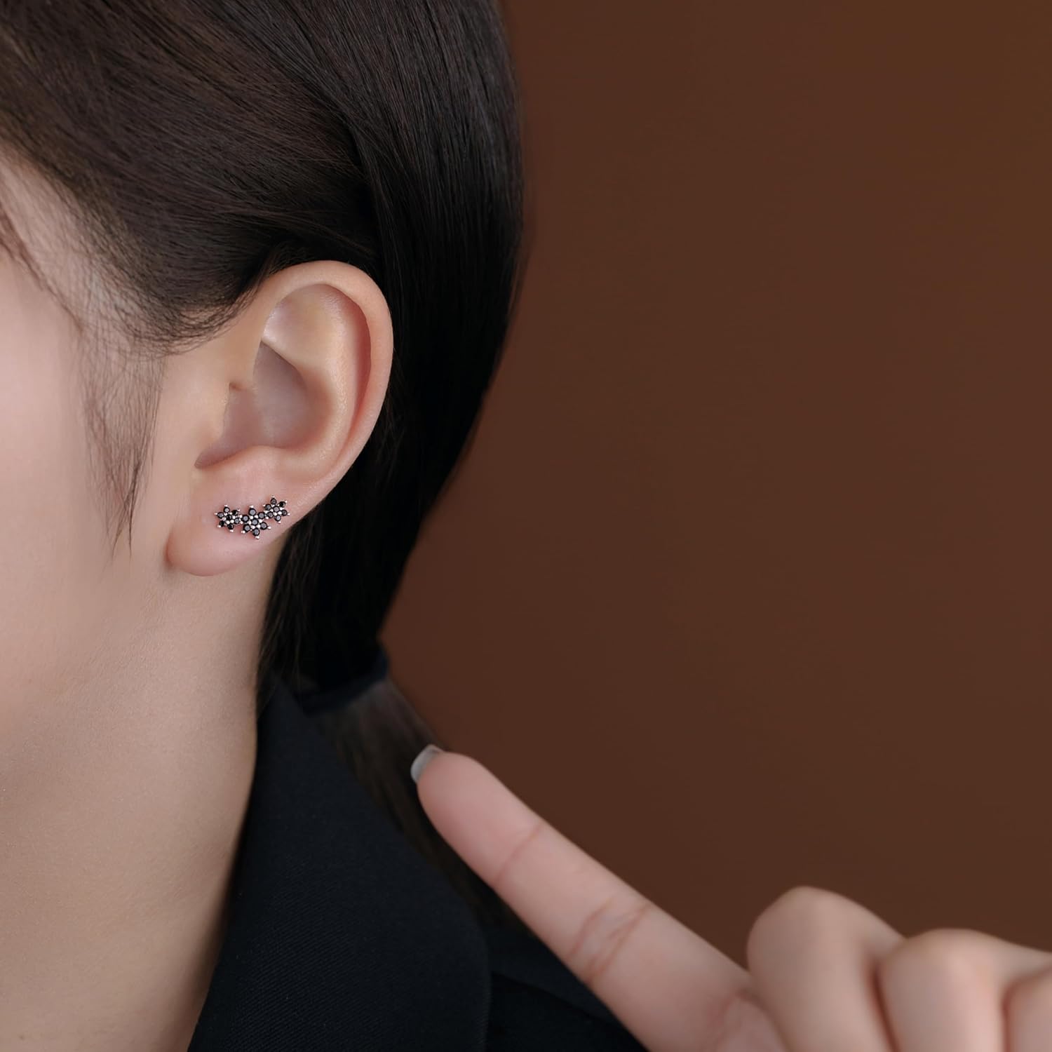 Reffeer Solid 925 Sterling Silver CZ Flower Stud Earrings for Women Teens Black Flower Stud Earrings Spring Cartilage Helix Earrings - Image 2