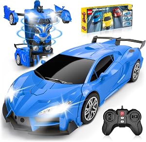 Qumcou Auto de control remoto de transformación, autos RC para niños de 3 a 5 6 a 8 años, autos de juguete transformables con un botón, 2.4 GHz Azul