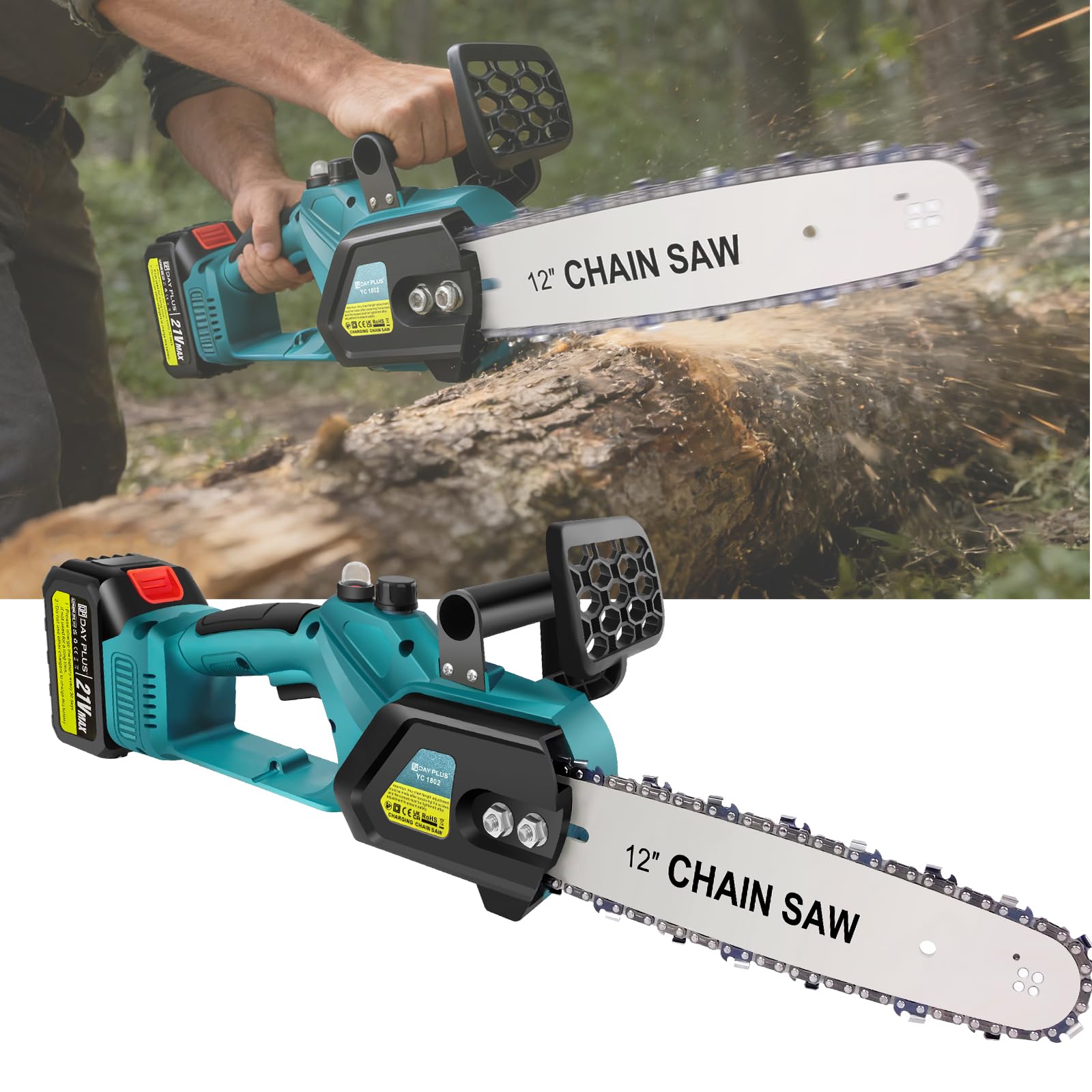 12 Inch Electric Chainsaw Cordless, Brushless Auto-Oiler Chain Saw with 10m/s Chain Speed, Anti-Vibration for Garden & Courtyard, Includes 1 Chain 1 Battery