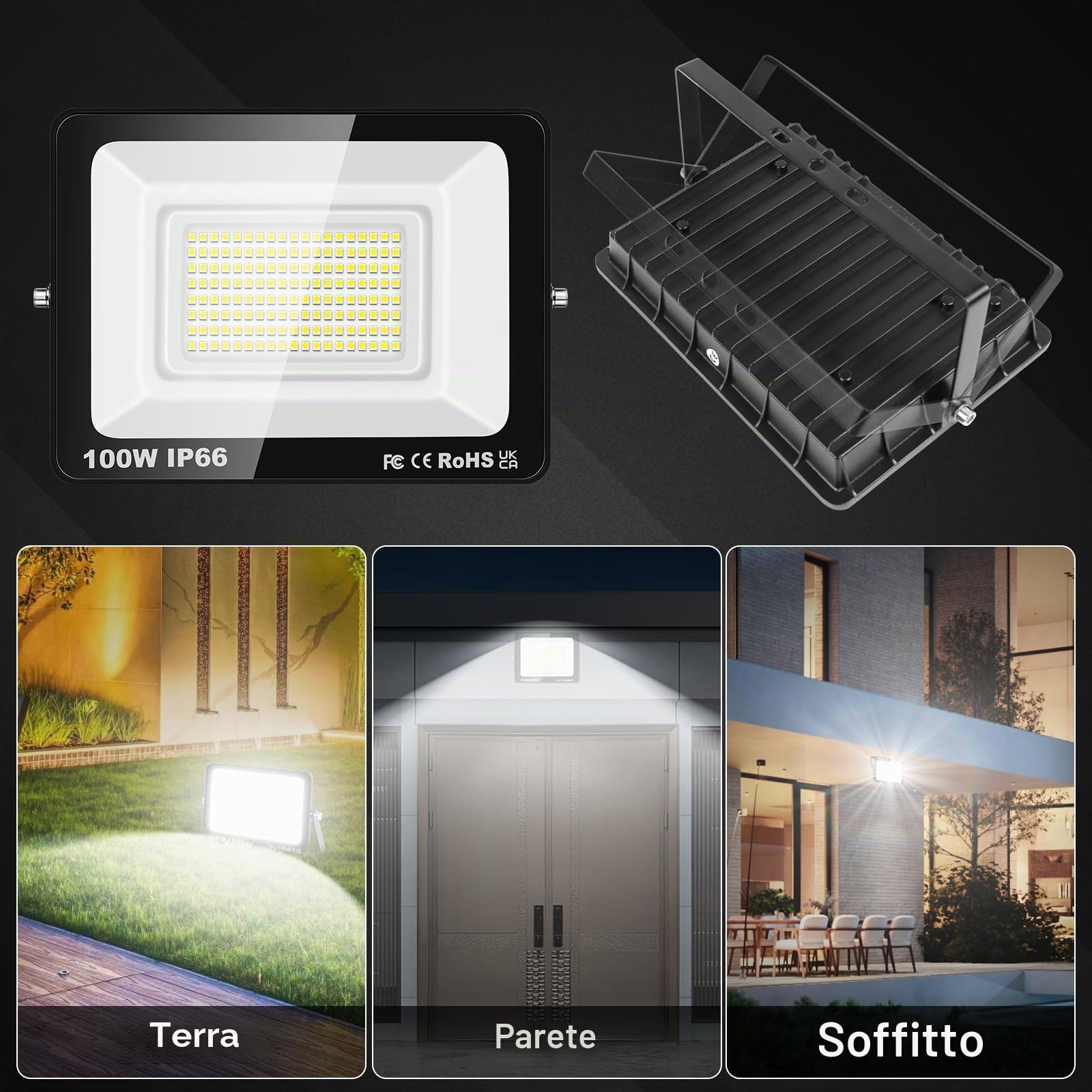 SKYWORLD Faretto LED da Esterno, 150W 15000LM Faretti Led con Spina | Proiettore Fari di sicurezza, IP66 Impermeabile Lampada Faro per Terrazza Giardino Cortile Patio Garage, 6000K Bianca Fredda