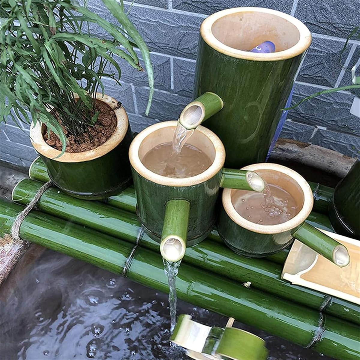 Kit fontana solare in bambù con beccuccio, fontana giapponese da giardino con pompa, filtro dell'acqua da 10 W e tubo da 2 m, per patio o uso interno/esterno