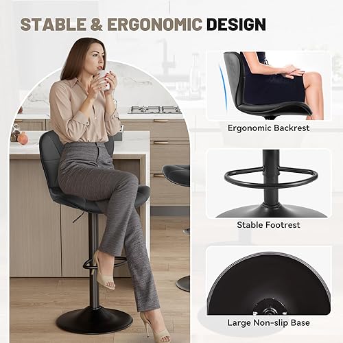 Miniatura 3 de Juego de 2 taburetes de bar, modernos taburetes de bar giratorios ajustables de piel sintética, sillas de altura de mostrador con respaldo y