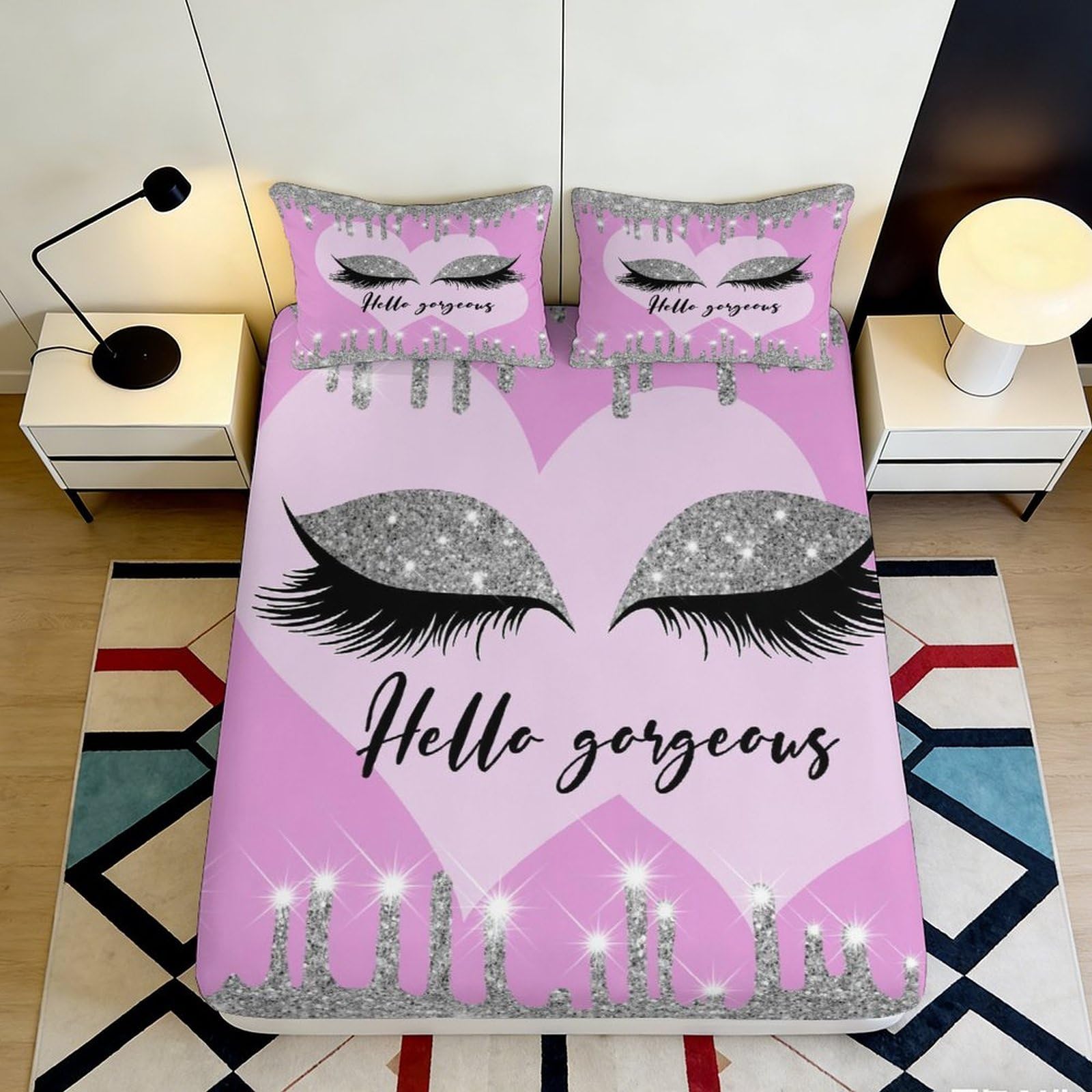 3D Printed Pink Heart Eyelash Fitted Sheet Microfiber Soft Breathable Glitter Drip Bed Cover for Bedroom Dormitory Guest Room Mattress Protection Decor 160x200x25cm