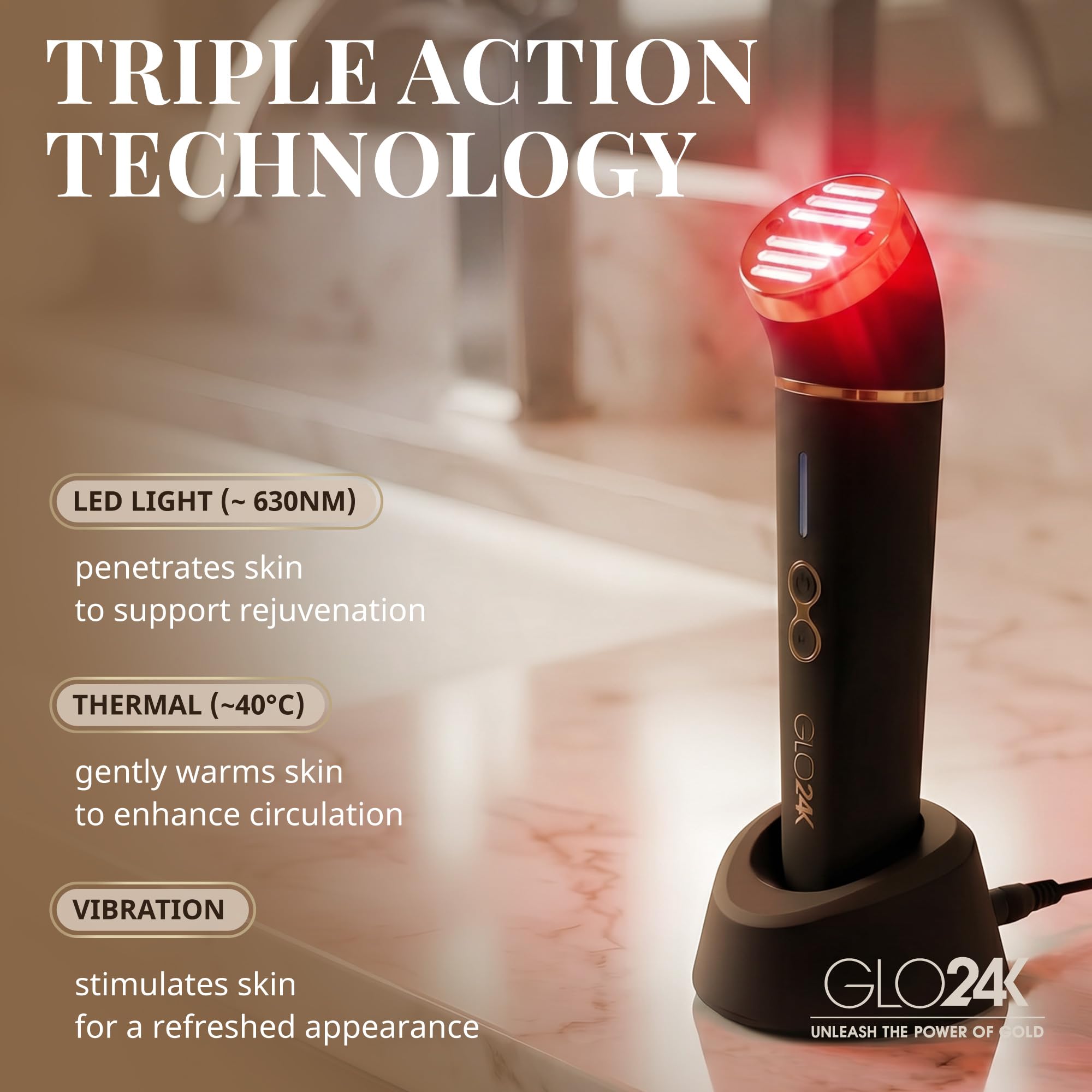 Dispositivo de belleza GLO24K para la cara. Basado en tecnologías de triple acción L E D, térmica y vibración.