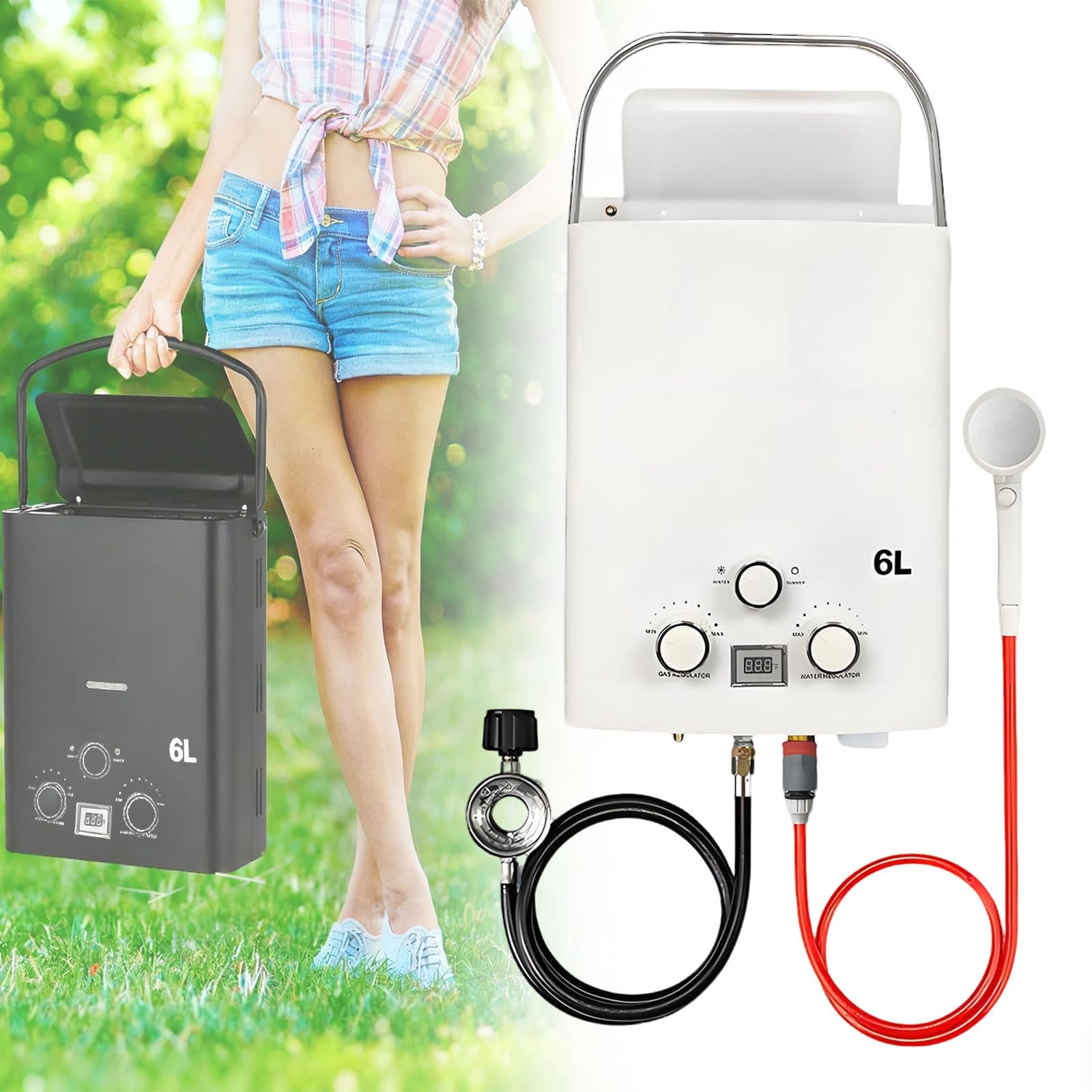 Tragbarer Gas-Warmwasserbereiter, Propan-Durchlauferhitzer, Gas-Durchlauferhitzer Mit Digitalanzeige Und Mehreren Schutzfunktionen, Geeignet Für Wohnmobil, Camping, Außendusche White