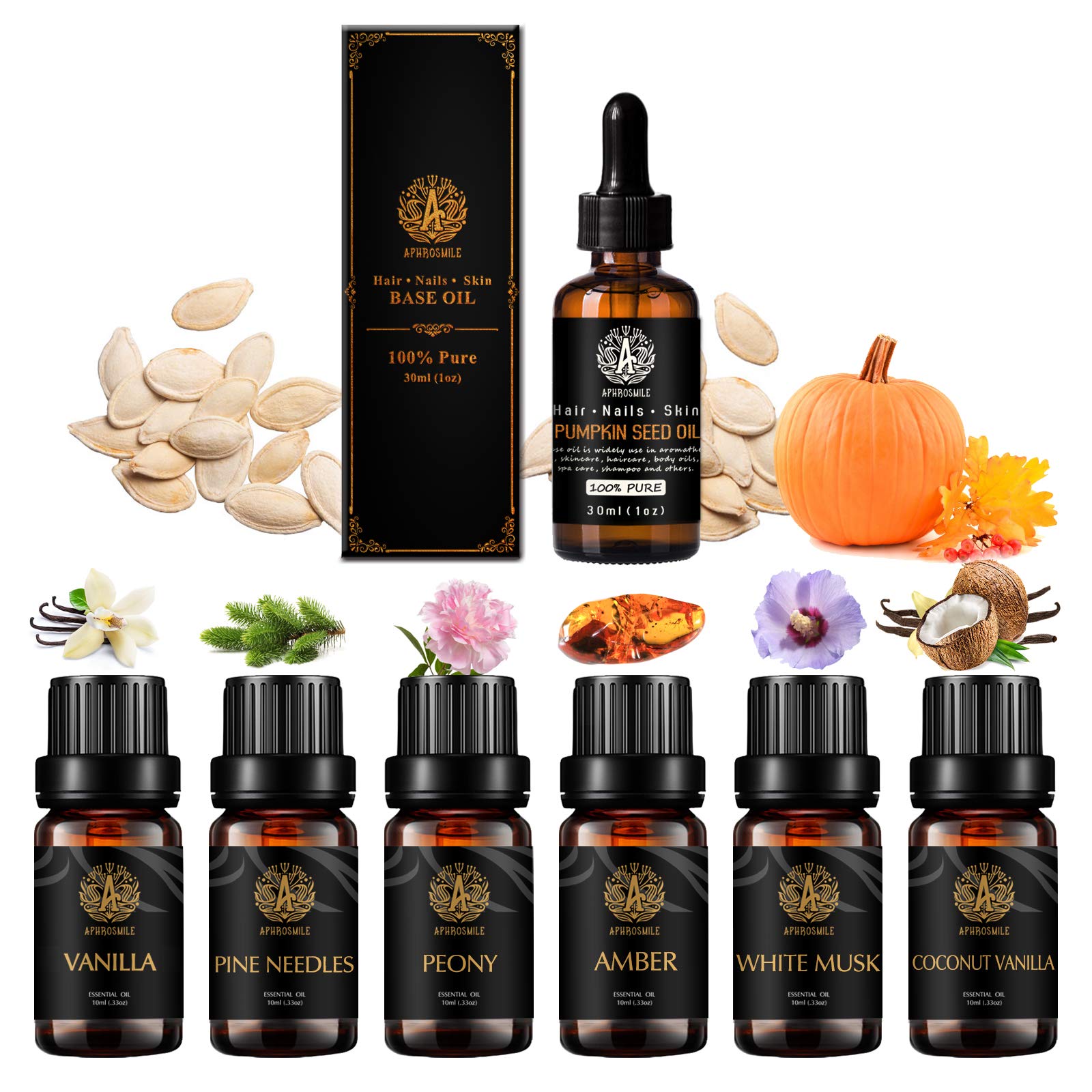 100% puro coco vainilla aceite esencial set para difusor, 100% pura semilla de calabaza aceite esencial, 7x10ml aromaterapia ámbar aceites set-peonía, agujas de pino, vainilla, almizcle blanco aceites