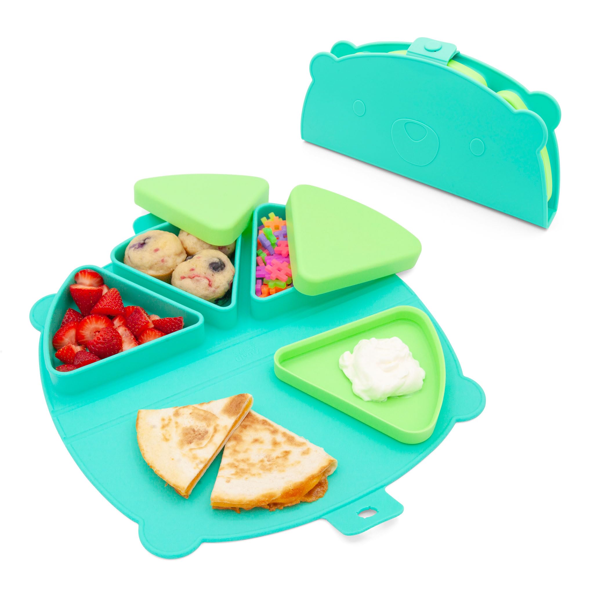 321 Grow Silicone On-The-Go Snack Mat – Foldable Reusable Placemat with 3 Compartments and Lids – Travel-Friendly Baby and Toddler Snack Plate –